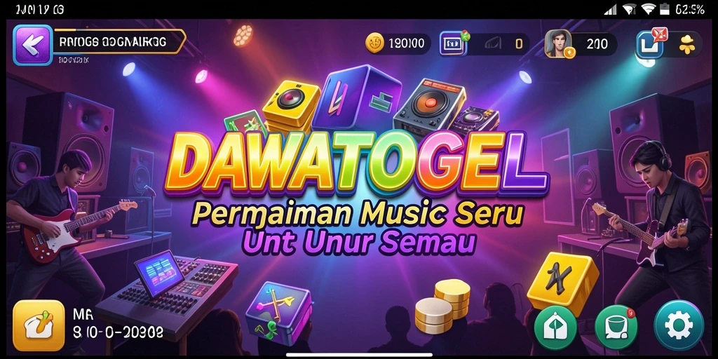 Tampilan gameplay DAWATOGEL dengan berbagai alat musik dan lagu.