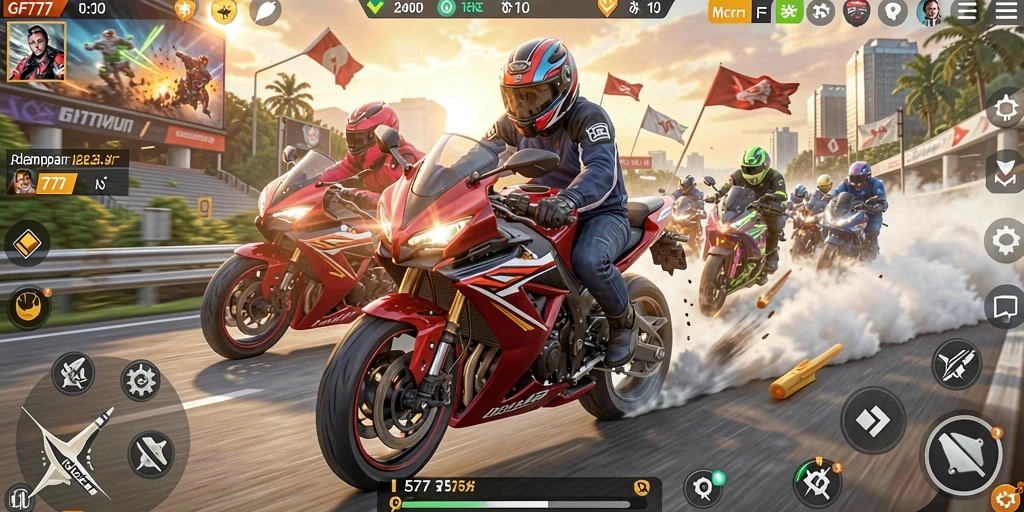 Tampilan gameplay GF777 dengan aksi balapan motor yang mendebarkan.