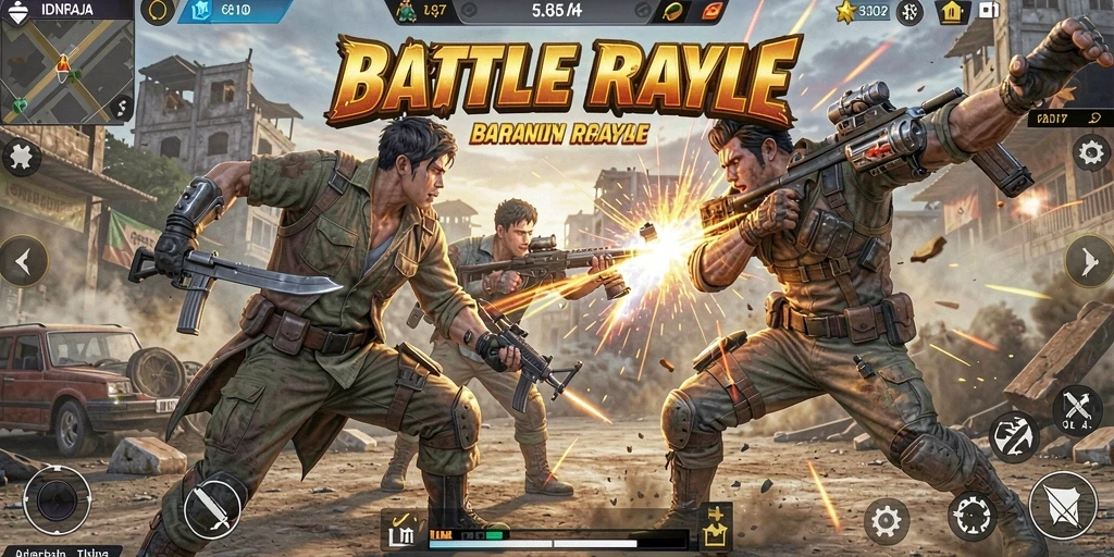 Tangkapan layar IDNRAJA menampilkan aksi intens di medan perang Battle Royale.