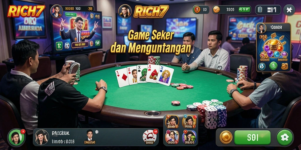 Tampilan screenshot utama RICH7 yang menunjukkan keseruan bermain Poker.